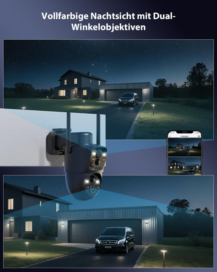 COCOCAM 2K Dual Objektiv Überwachungskamera Aussen WLAN Solar, 10000mAh Akku, 6W Solarpanel, Duale P
