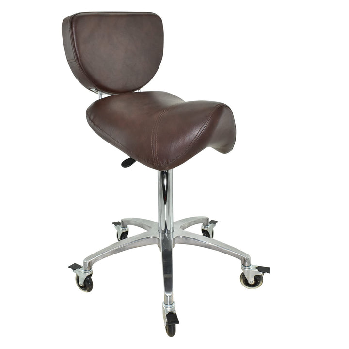 Premium Sattelhocker braun mit Bremse und Lehne, Sattelstuhl für Rückenentlastung, Rollhocker höhenv