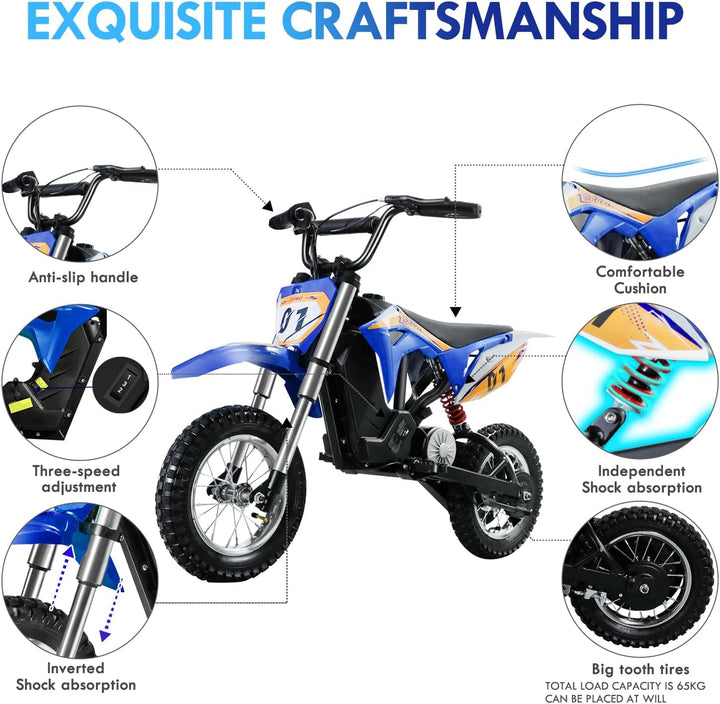 CCLIFE Elektro Motorrad Kinder Lithiumbatterie 36V 300W, 8/12/25 km/h, Elektrisch Pocket Bike Dirt B