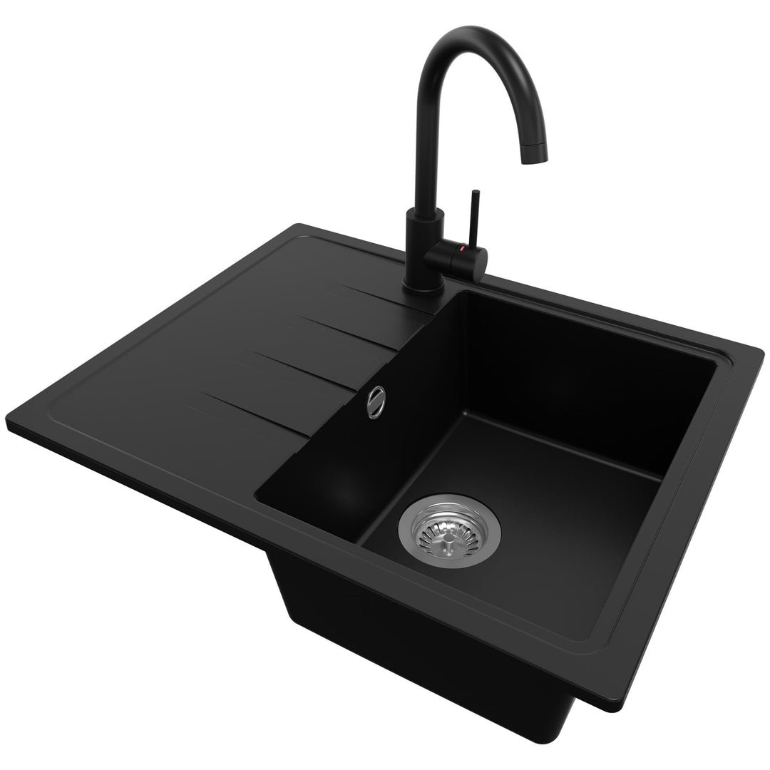 Spülbecken Schwarz 62x50 cm, Granitspüle + Ablauf-Set + Küchenarmatur 5000, Küchenspüle für 40er Unt