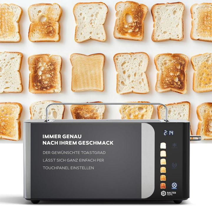 Balter Toaster 4 Scheiben, Touch Bedienung, Langschlitz, Edelstahl, Brötchenaufsatz, LCD Display Lan