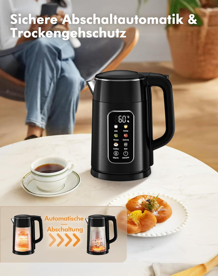 Wasserkocher mit Temperatureinstellung 1,7L 2200W Edelstahl Wasserkocher Schwarz mit 6 Temperaturstu