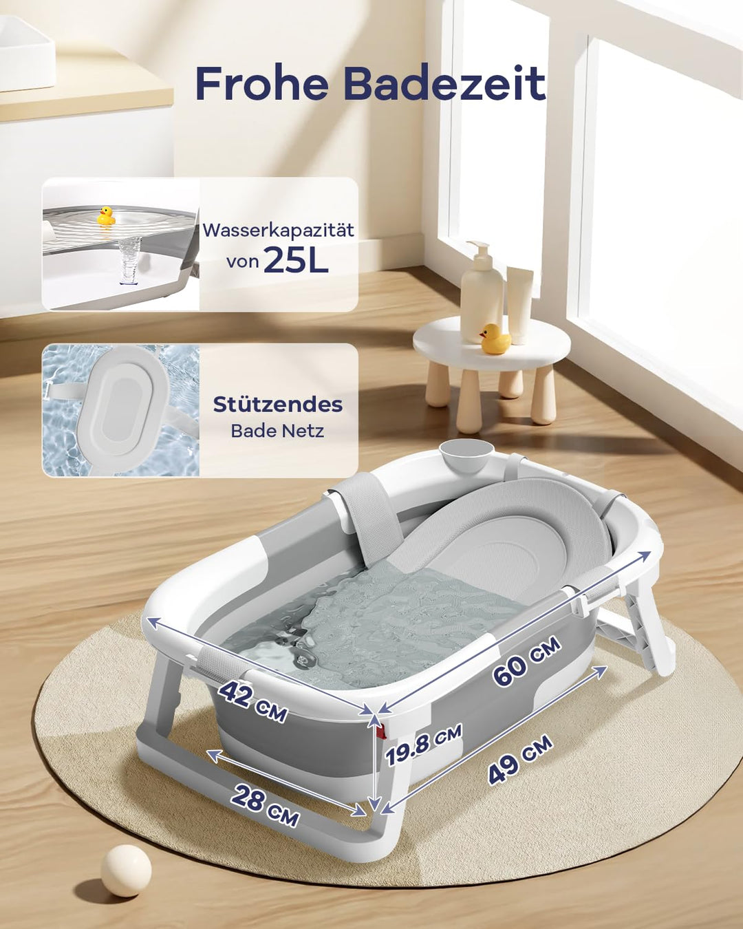 2-in-1 Baby Badewanne mit Gestell, Faltbare Badewanne Baby mit Badestütznetz, Geeignet für Neugebore