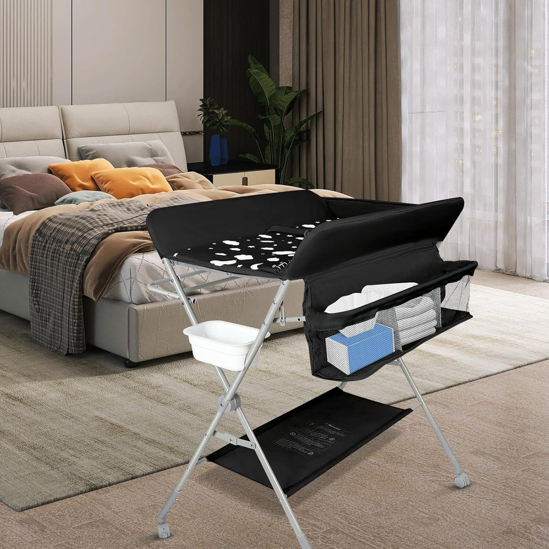 OHMG Baby Wickelkombi Klappbare Wickelkommode,Wickeltisch mit Rollen,Mobiler Wickeltisch mit Wickela