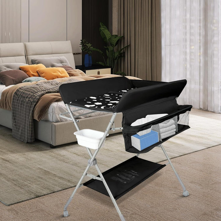 OHMG Baby Wickelkombi Klappbare Wickelkommode,Wickeltisch mit Rollen,Mobiler Wickeltisch mit Wickela