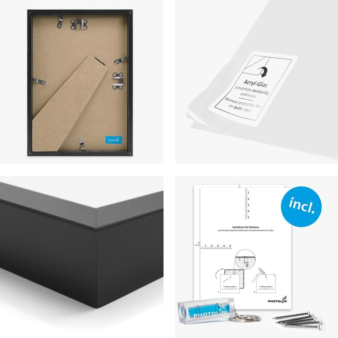 PHOTOLINI Echtholz-Bilderrahmen-Set mit Passepartout, 9er Rahmenset, Schwarz, Holzrahmen Made in EU,
