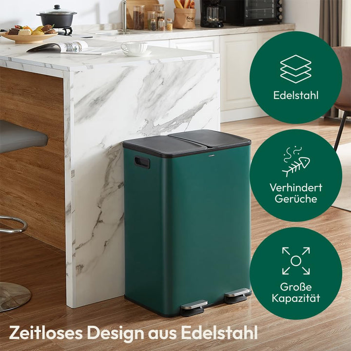 CASABEL Mülleimer Küche Mülltrennung 60L – 2x30L Doppelkammer mit Pedal, Edelstahl Dunkelgrün, Abfal