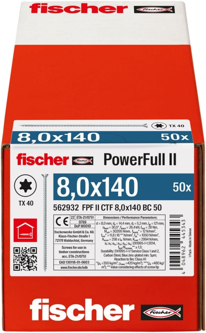 fischer PowerFull II 8,0 x 140, Premium Vollgewindeschraube (50 Stk.) mit innovativer Spitzengeometr
