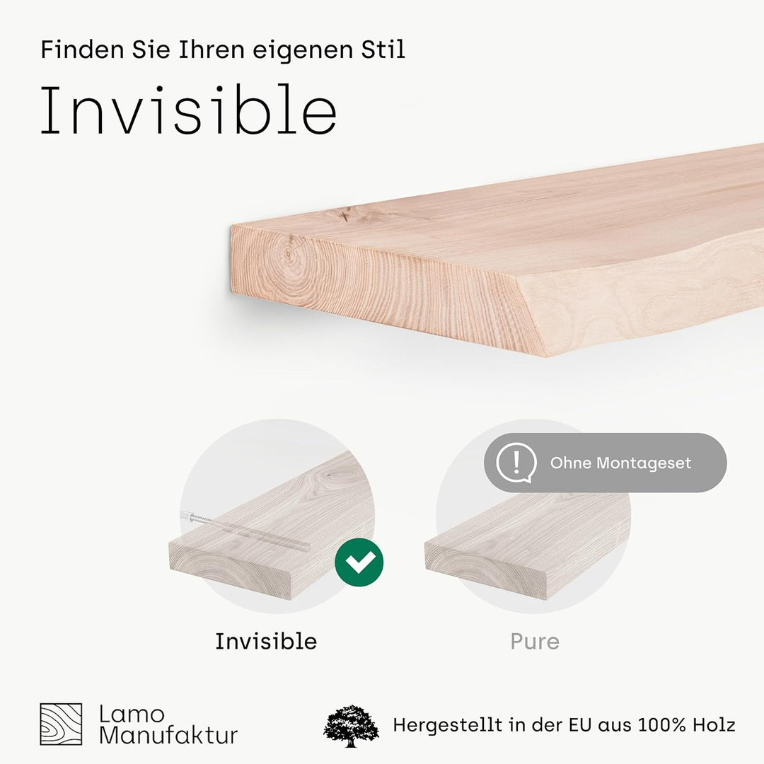 LAMO Manufaktur Wandregal Holz Baumkante | Regal Farbe: Roh | Invisible: Schweberegal | 120 cm Invis