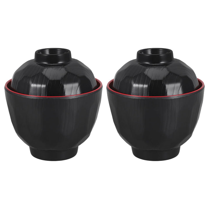 Supvox Japanische Reisschalen mit Deckel 2 Stück 180ml aus Kunststoff | Schwarz, Mikrowellengeeignet