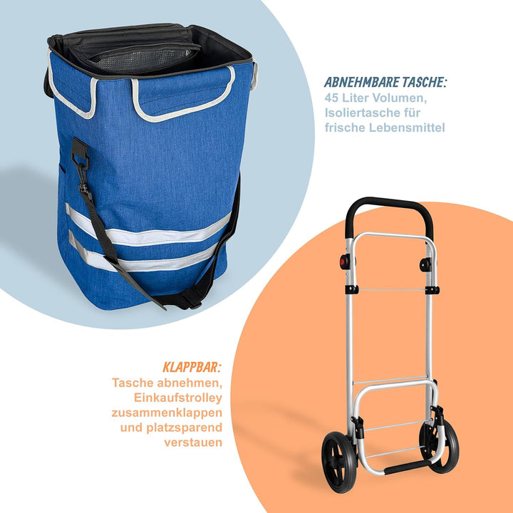 Relaxdays Einkaufstrolley, 2 grosse Räder, Kühlfach, abnehmbare Tasche, 45 l, bis 35 kg, Einkaufswag