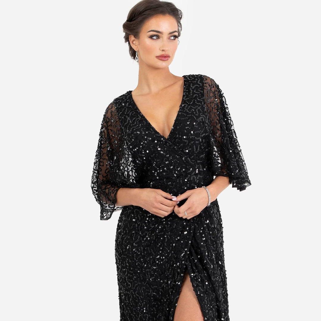 Maya Deluxe Damen Womens Maxi Dress Ladies Sequin Embellished Wrap A-line Dress for Wedding Guest Br