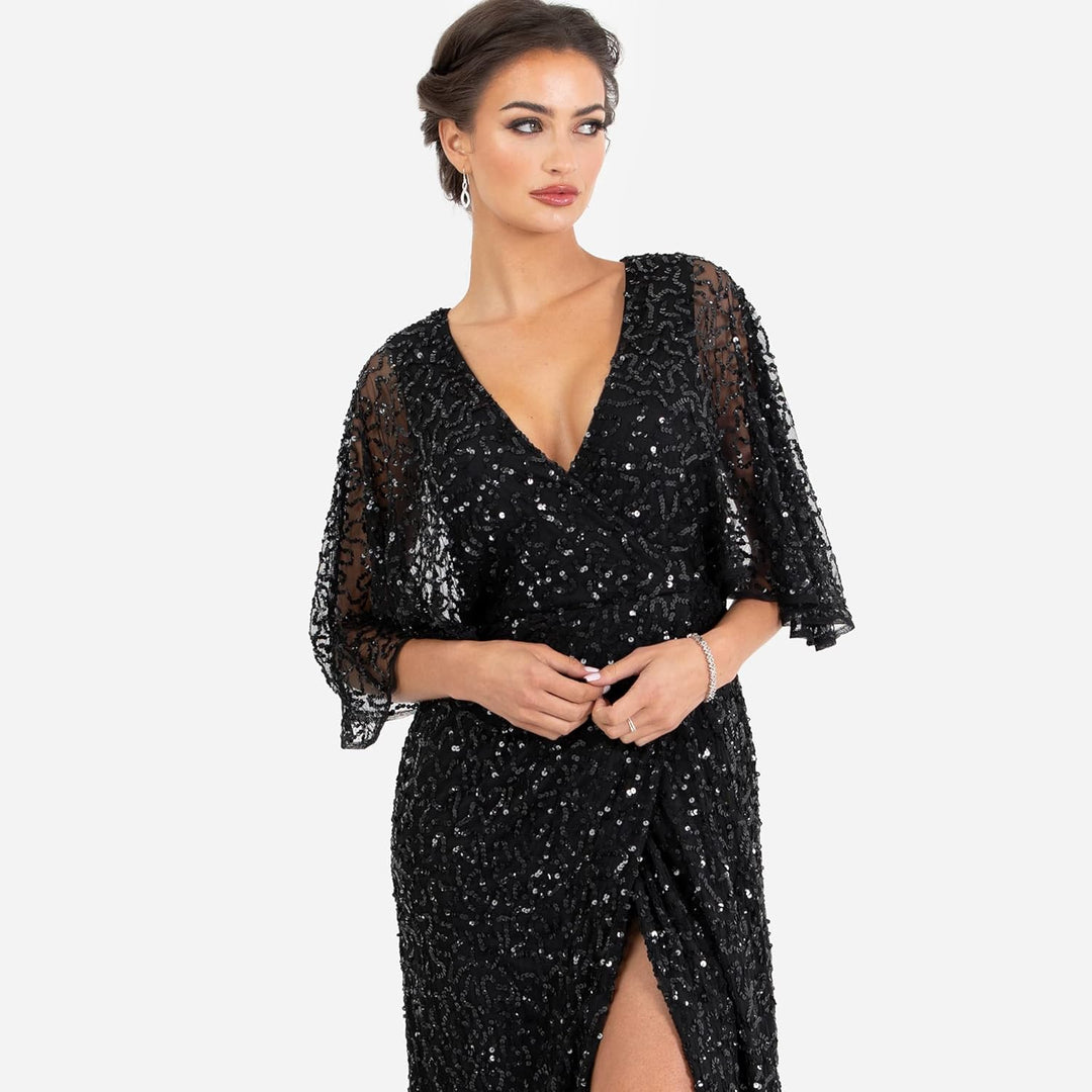 Maya Deluxe Damen Womens Maxi Dress Ladies Sequin Embellished Wrap A-line Dress for Wedding Guest Br