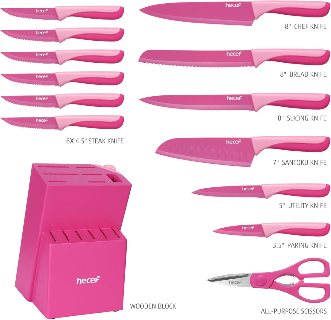 hecef 14-teilig Messerblock mit Messer, Pink, Antihaft-Beschichtung – Spülmaschinenfest, Messerblock