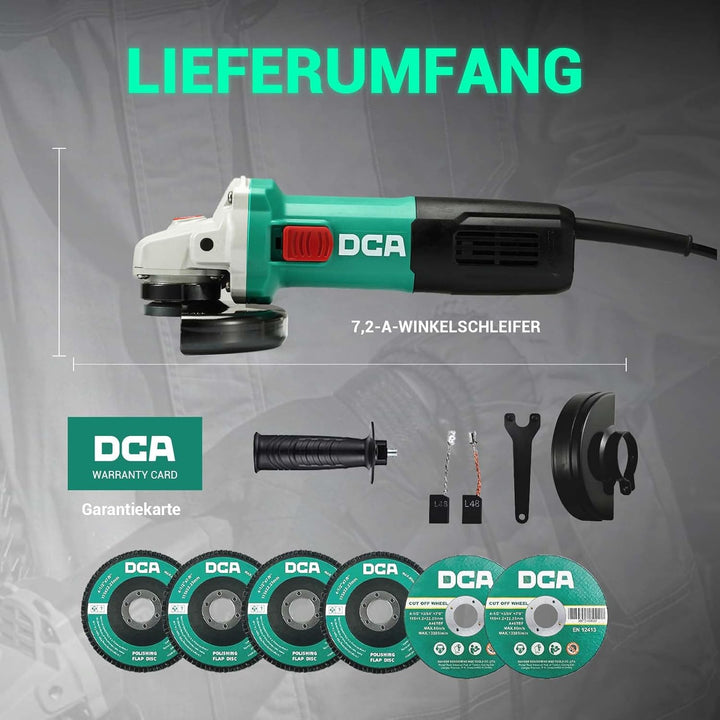 DCA 860W Winkelschleifer 125 mm, 11.800 min⁻¹, Ultraschlanker Griff (178 mm Griffumfang), Kompaktes