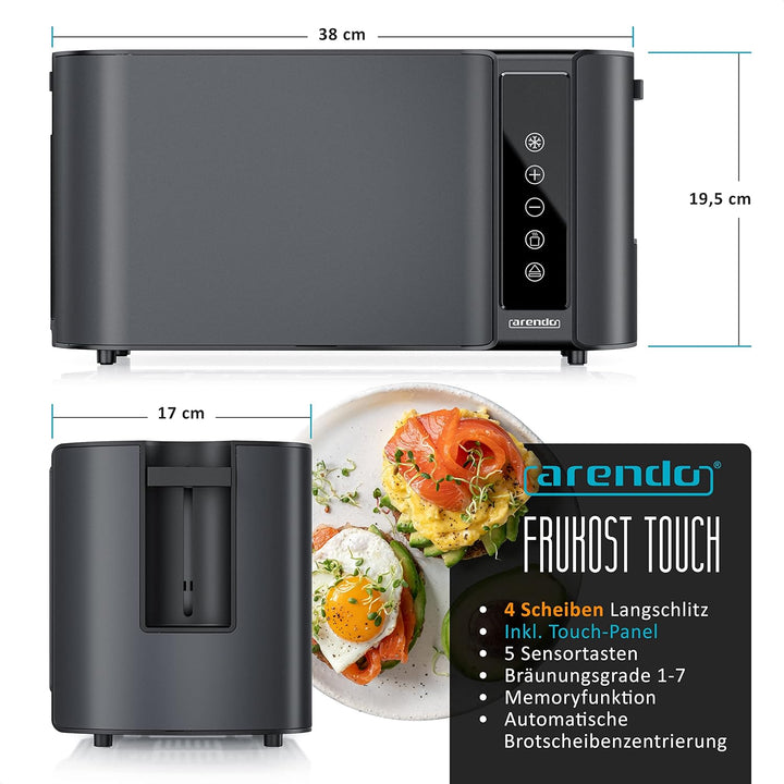Arendo - Edelstahl Toaster Langschlitz 4 Scheiben- Touchpanel – Doppelwandgehäuse – 1500 W – Integri