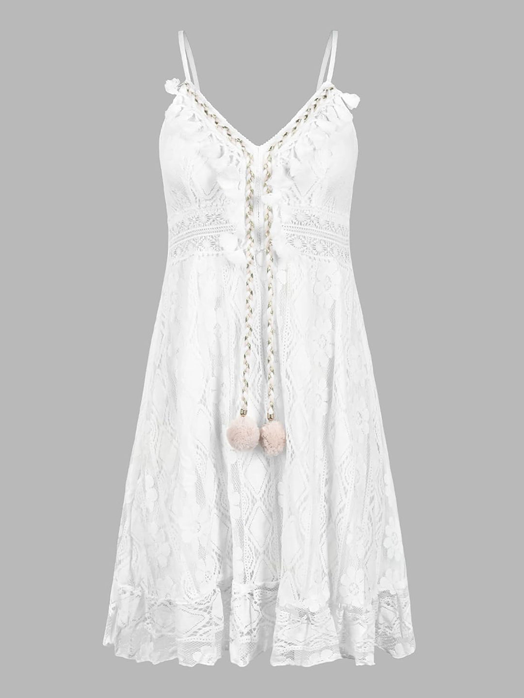 CUPSHE Damen Sommerkleid V Ausschnitt Floral Spitze Quasten Spaghetti Trägerkleid Freizeitkleider Hi