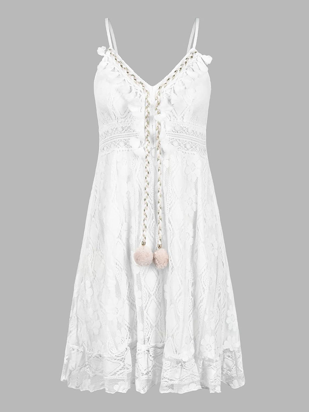 CUPSHE Damen Sommerkleid V Ausschnitt Floral Spitze Quasten Spaghetti Trägerkleid Freizeitkleider Hi