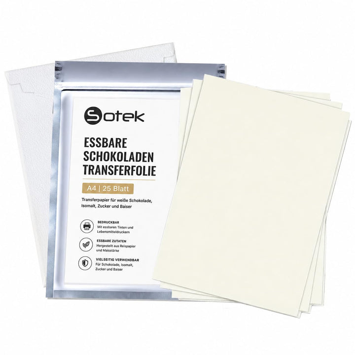 Sotek Essbare Schokoladen Transferfolie A4, 25 Blatt (21 x 29,7 cm), Transferpapier für weisse Schok