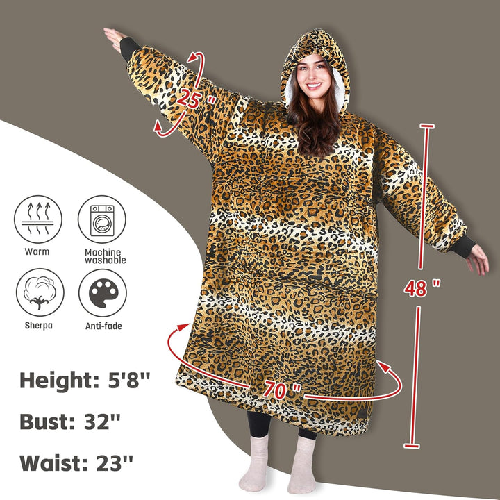 Extra Lange Sherpa Hoodie Decke Ghepard, Flauschige Übergrosse Kuscheldecke mit Ärmeln und Kapuze, W