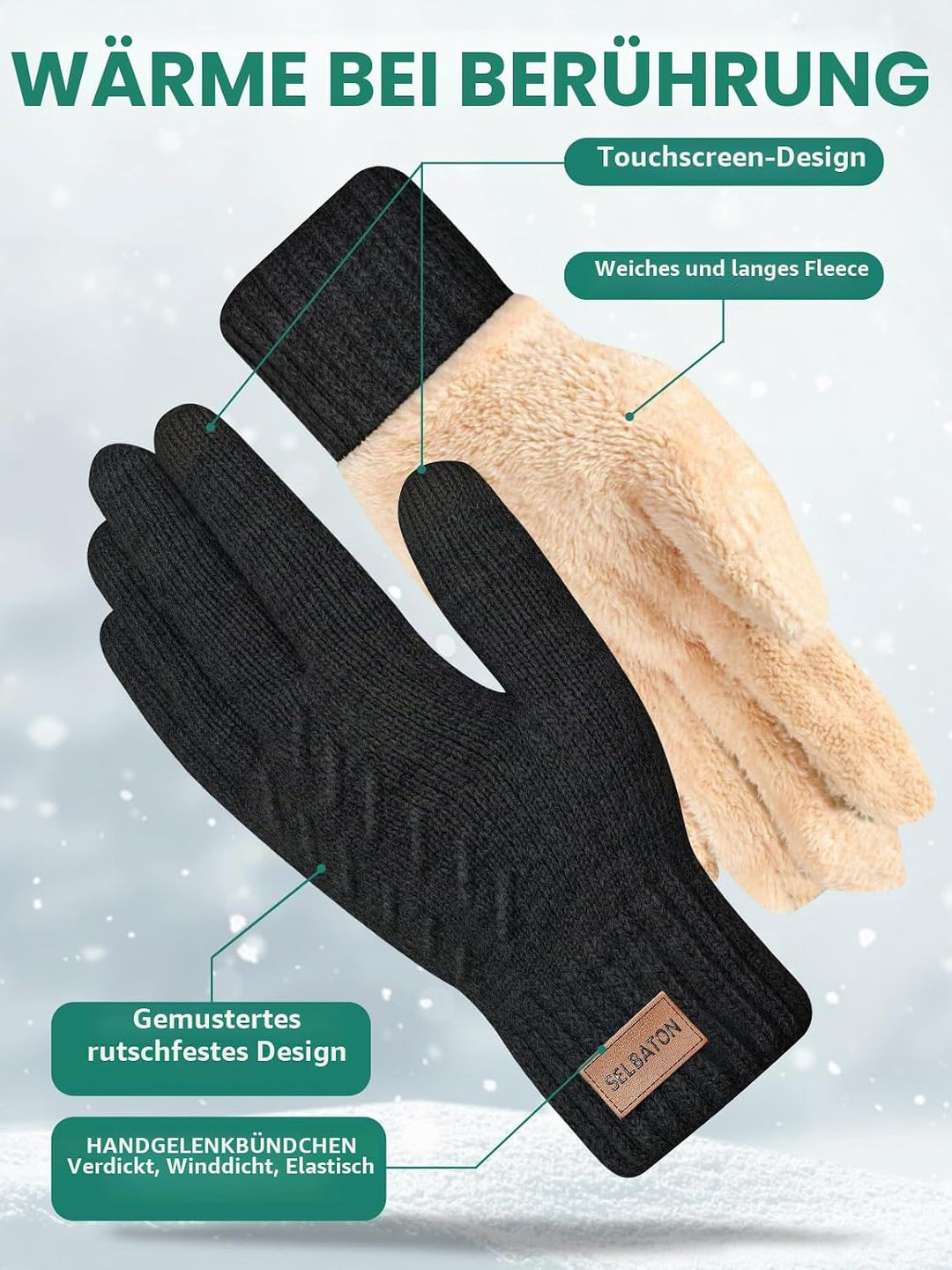 SELBATON Winter warme Handschuhe mit Fleece-Futter Stricken weiche Touchscreen warme gestreckte Hand