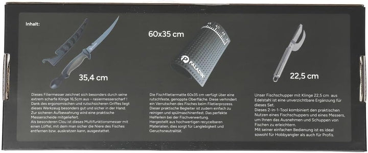 Paladin Ausnehm- und Filetier-Set Filetiermesser mit Auskratzer + Anti-Rutsch Matte + Fischschupper