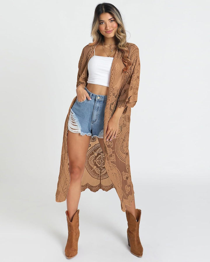 Bsubseach Badeanzug Cover Up für Frauen Lace Sheer Floral Kimono Cardigans Mesh Long Strand Dress E-
