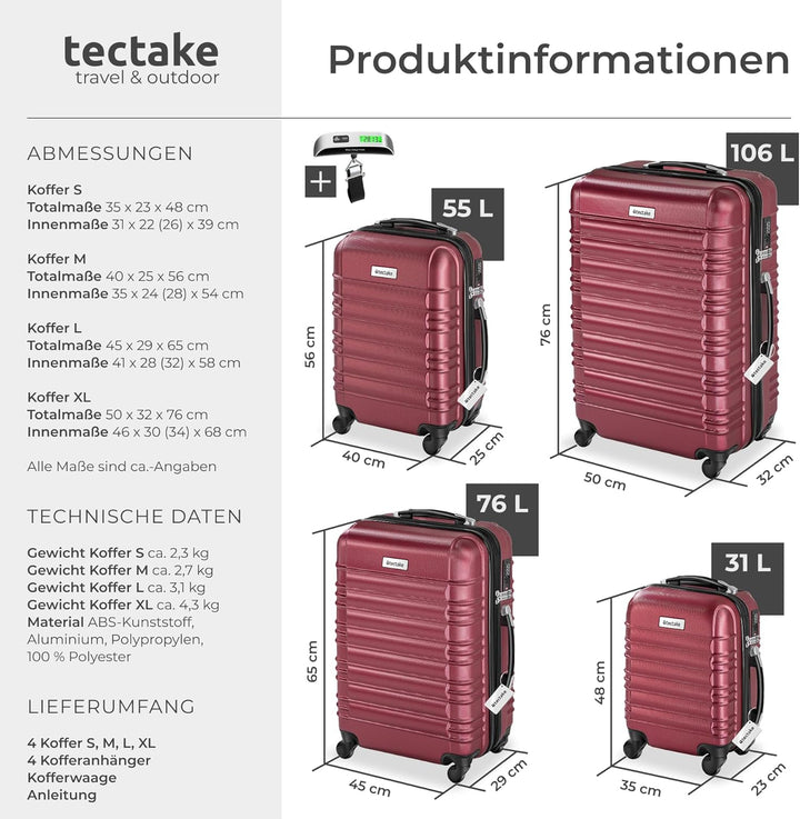 tectake® 4tlg. Hartschalenkoffer Set, Reisekoffer Set mit Rollen, Hartschale aus ABS, Koffer Set mit