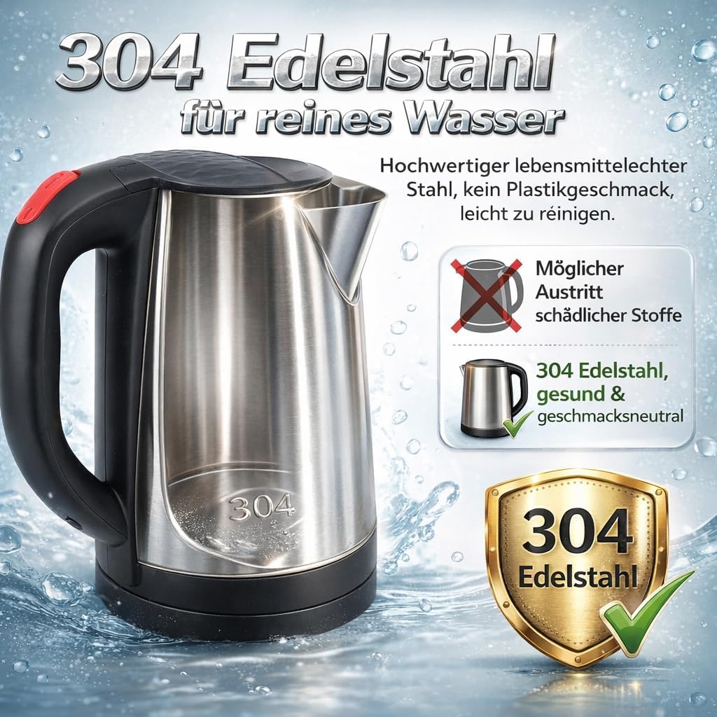 Wasserkocher Edelstahl 2,5 L Walfront mit Trockenlaufschutz und schnell kochend für Tee und Kaffee f