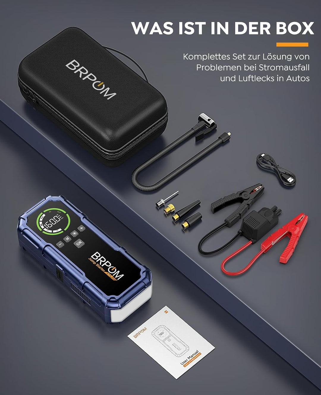 BRPOM Starthilfe Powerbank für Pkw mit Kompressor 160PSI,8000A Auto Starthilfe Powerbank für All Ben