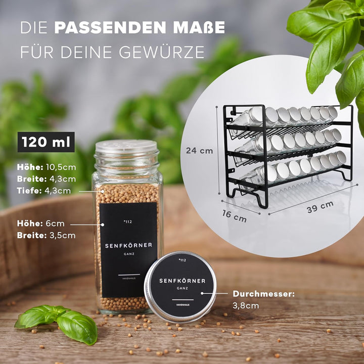 Havenhaus Gewürzregal Set | Gewürzregal stehend inkl. 24 Gewürzgläser + 336 Gewürzetiketten deutsch