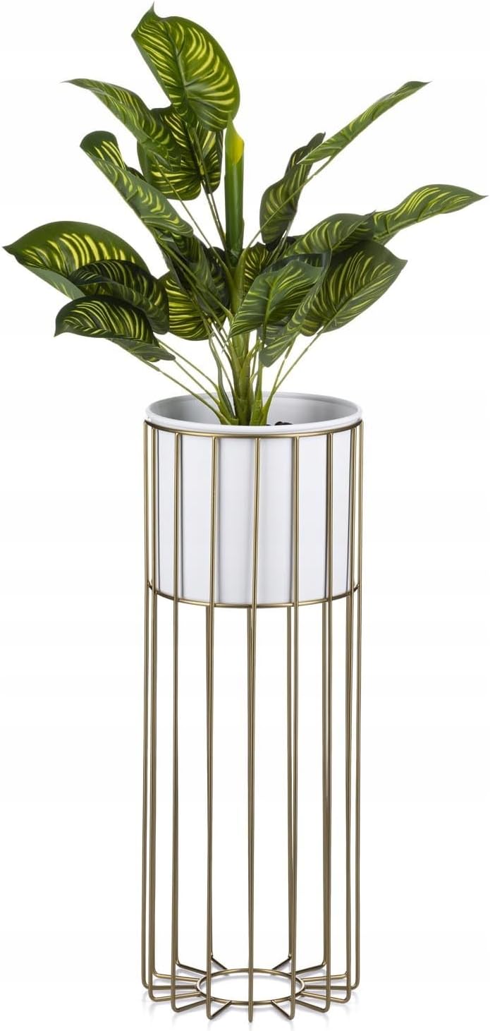 HowHomely Moderne Blumenständer Metall 55 cm Hoch mit Weiss Blumentopf Rund 19 cm Ø auf Robuste Gold