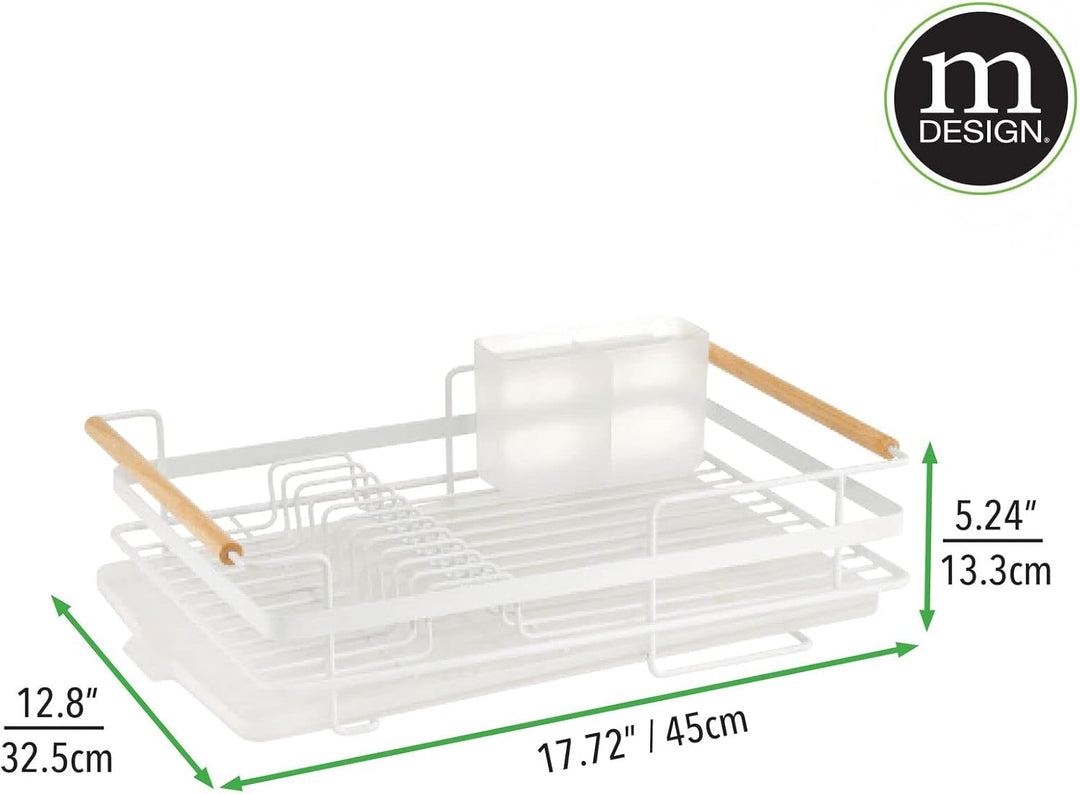 mDesign Abtropfgestell aus Metall mit Holzgriffen – Geschirrabtropfgitter mit Besteckfach und Auffan