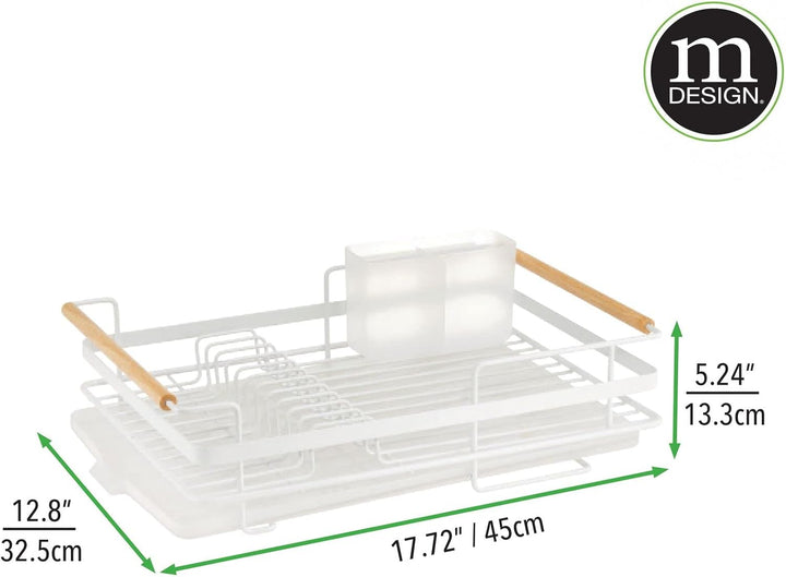 mDesign Abtropfgestell aus Metall mit Holzgriffen – Geschirrabtropfgitter mit Besteckfach und Auffan