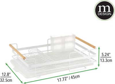 mDesign Abtropfgestell aus Metall mit Holzgriffen – Geschirrabtropfgitter mit Besteckfach und Auffan