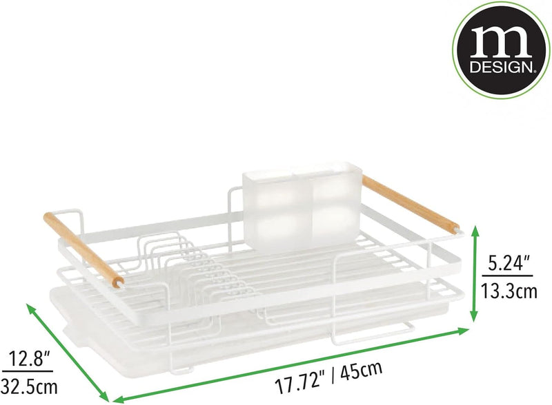 mDesign Abtropfgestell aus Metall mit Holzgriffen – Geschirrabtropfgitter mit Besteckfach und Auffan