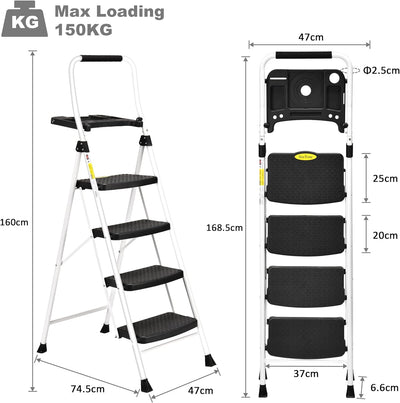 HBTower 4-Stufen-Leiter, Klappbarer Tritthocker mit Breitem Anti-Rutsch-Pedal, Stabiler Praktischer