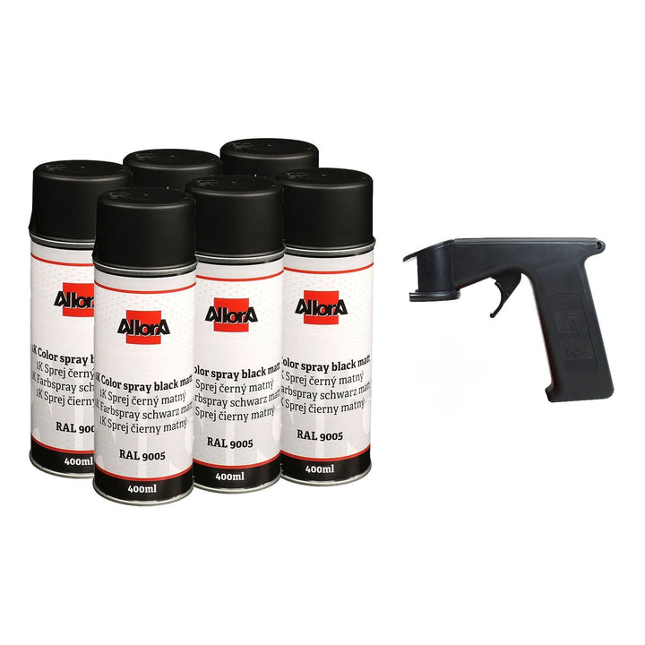 AllorA 6 x Profi 1K Spraydose Schwarz matt RAL 9005 Farbspray 400ml Tiefschwarz + Spraydosenhandgrif