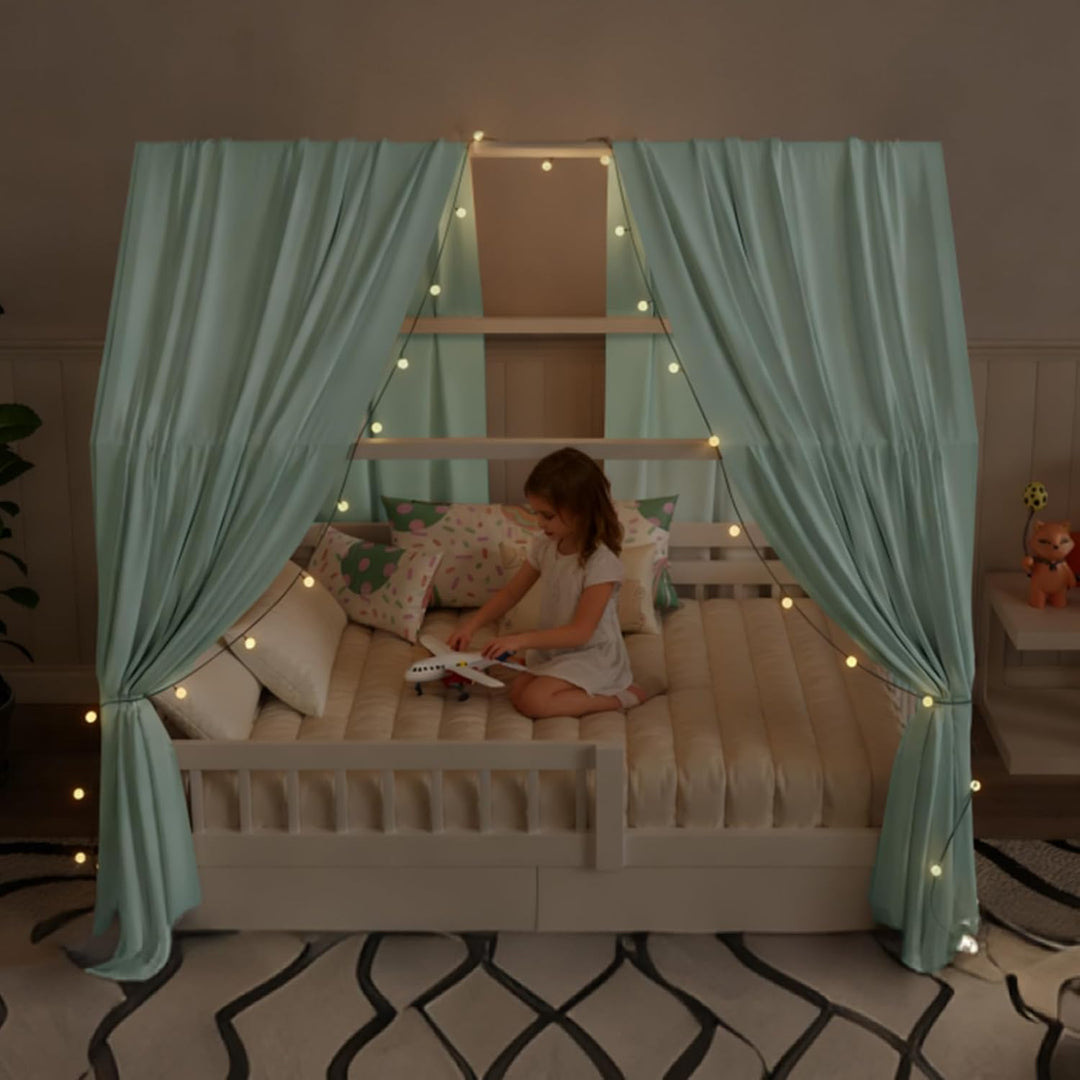 Hausbett Himmel mit Lichterkette 2 Stück Deko Baldachin Hausbett Vorhang,Betthimmel Musselin Stoffhi