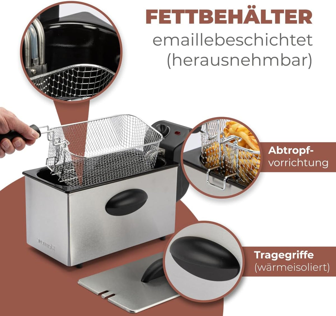 Clatronic FR 3586 Edelstahl-Fritteuse 2,5L Perfekt für Pommes Frittes u. Nuggets, geruchsarmes fritt