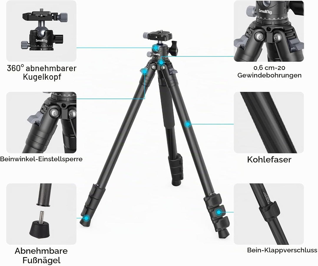 SMALLRIG Leichtes, kompaktes Kohlefaser-Stativ mit abnehmbarem Einbeinstativ, 360°-Kugelkopf mit Sch