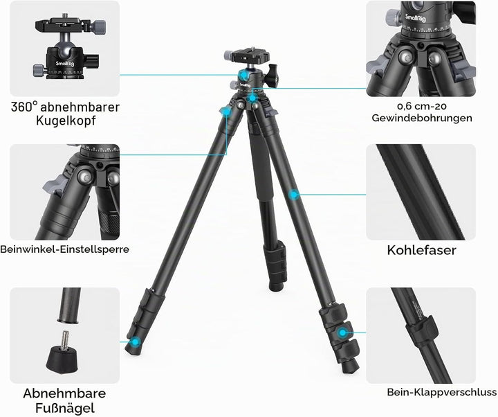 SMALLRIG Leichtes, kompaktes Kohlefaser-Stativ mit abnehmbarem Einbeinstativ, 360°-Kugelkopf mit Sch