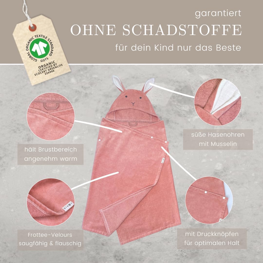 DIKOS® 2-in-1 Kapuzenhandtuch & Badeponcho Baby, Kleinkinder & Kinder Altrosa 70x140 | Ab Geburt Bab