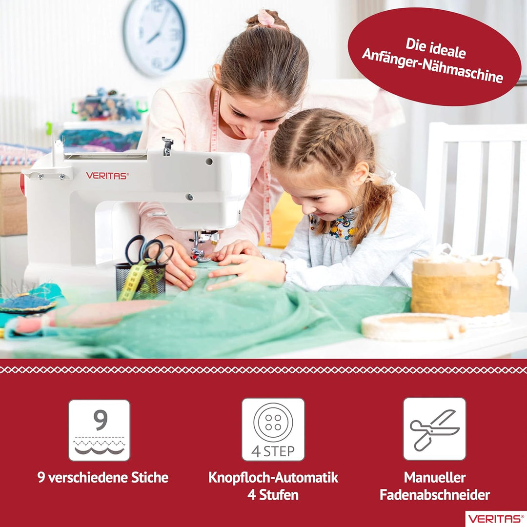 VERITAS Nähmaschine Janis I 9 Stichprogramme I Auto-Fadenspannung & Fadenabschneider I LED-Nählicht