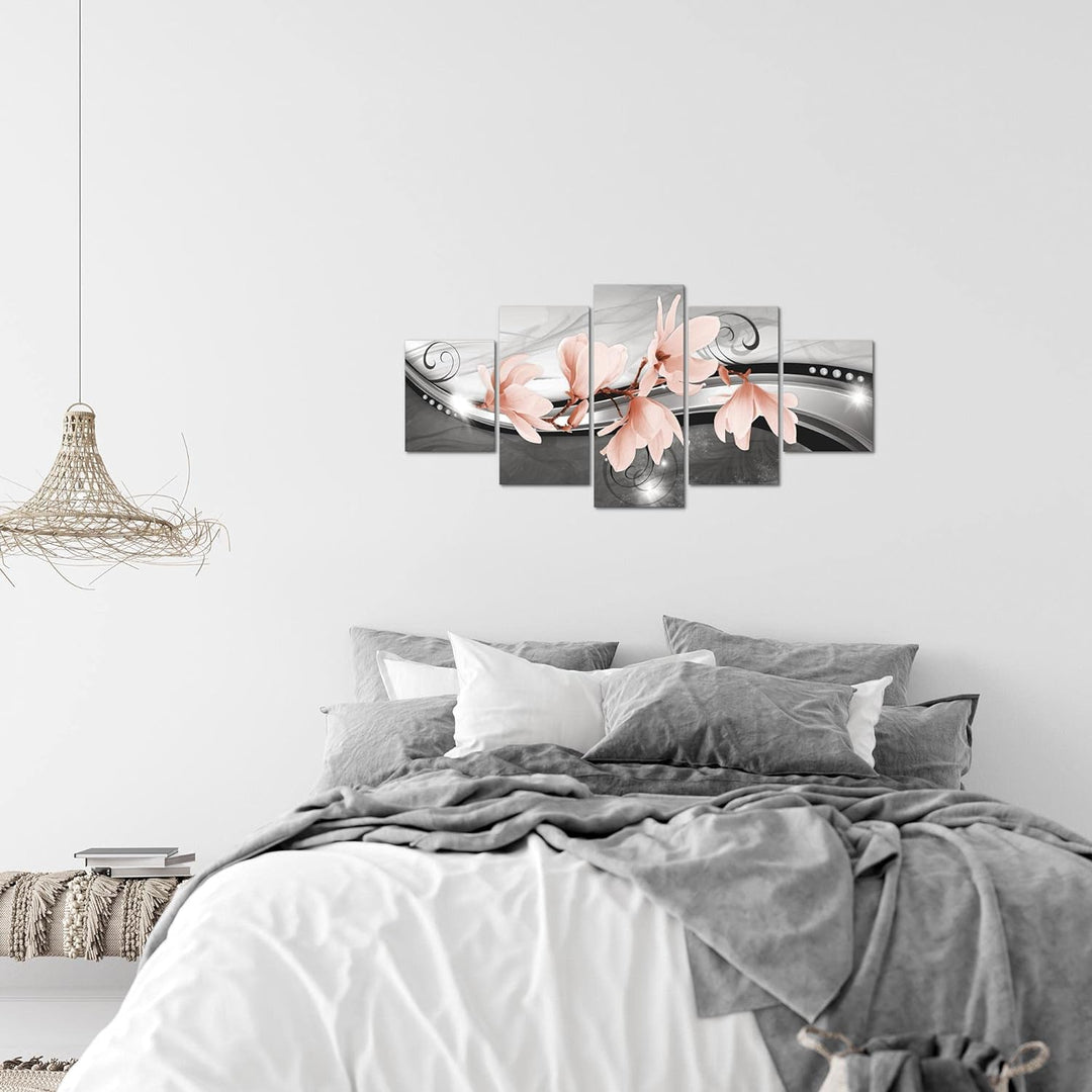 Runa Art Wandbilder Blumen Magnolien 5 Teilig Bild auf Vlies Leinwand Deko Wohnzimmer Abstrakt Schwa