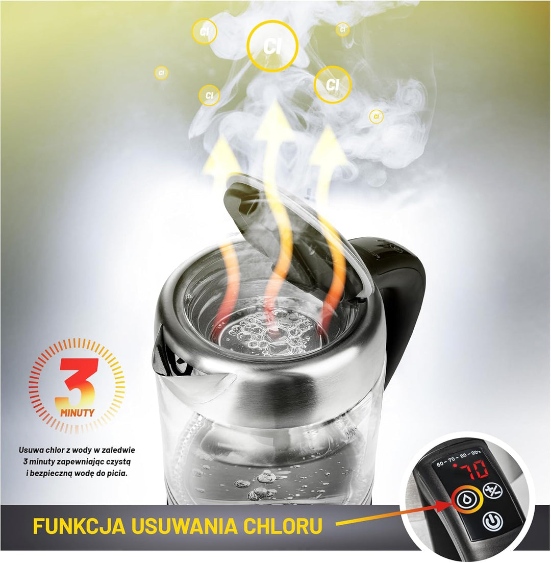 Adler AD 1247 Wasserkocher aus Edelstahl und Glas, 1,7L, 2200 W, digitaler Glaswasserkocher mit Temp