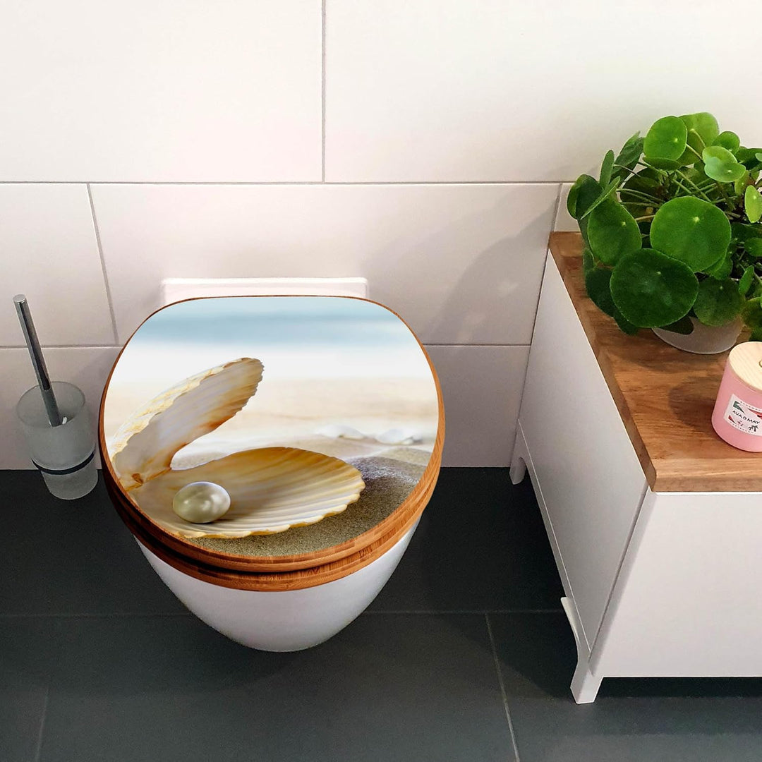 banjado® Design WC Sitz Bambus Absenkautomatik mit Motiv Perlenmuschel/Toilettendeckel mit Absenkaut
