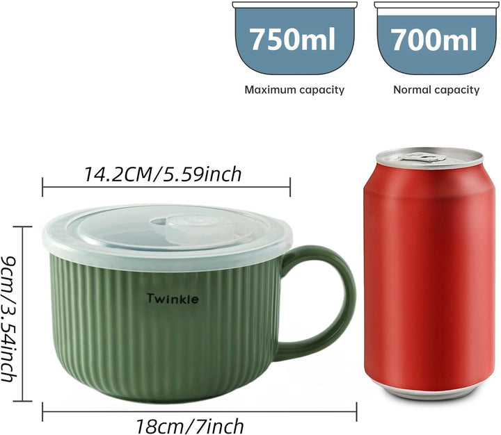 Keramik Suppenschalen mit Griff und Deckel, 750 ml Grosse Suppentasse für Suppe, Instant-Nudel, Müsl