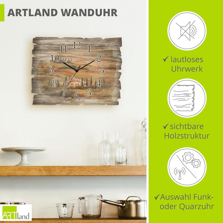 ARTLAND Wanduhr ohne Tickgeräusche aus Holz Funk Uhr lautlos Rechteckig 40x30 cm Landschaft Toskana