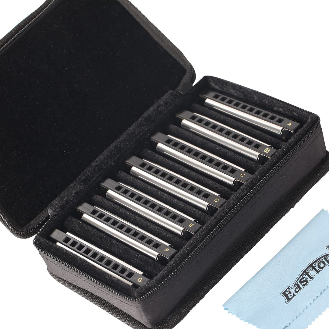 East Top 7 Tasten Mundharmonikaset verpackt, 7-Pack 10 Löcher 20 Töne Blues Diatonic Harmonica Für E